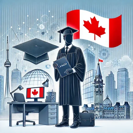 DALL·E 2025-03-07 07.33.24 - A professional illustration representing the Post-Graduation Work Permit (PGWP) in Canada. The image features an international graduate wearing a cap
